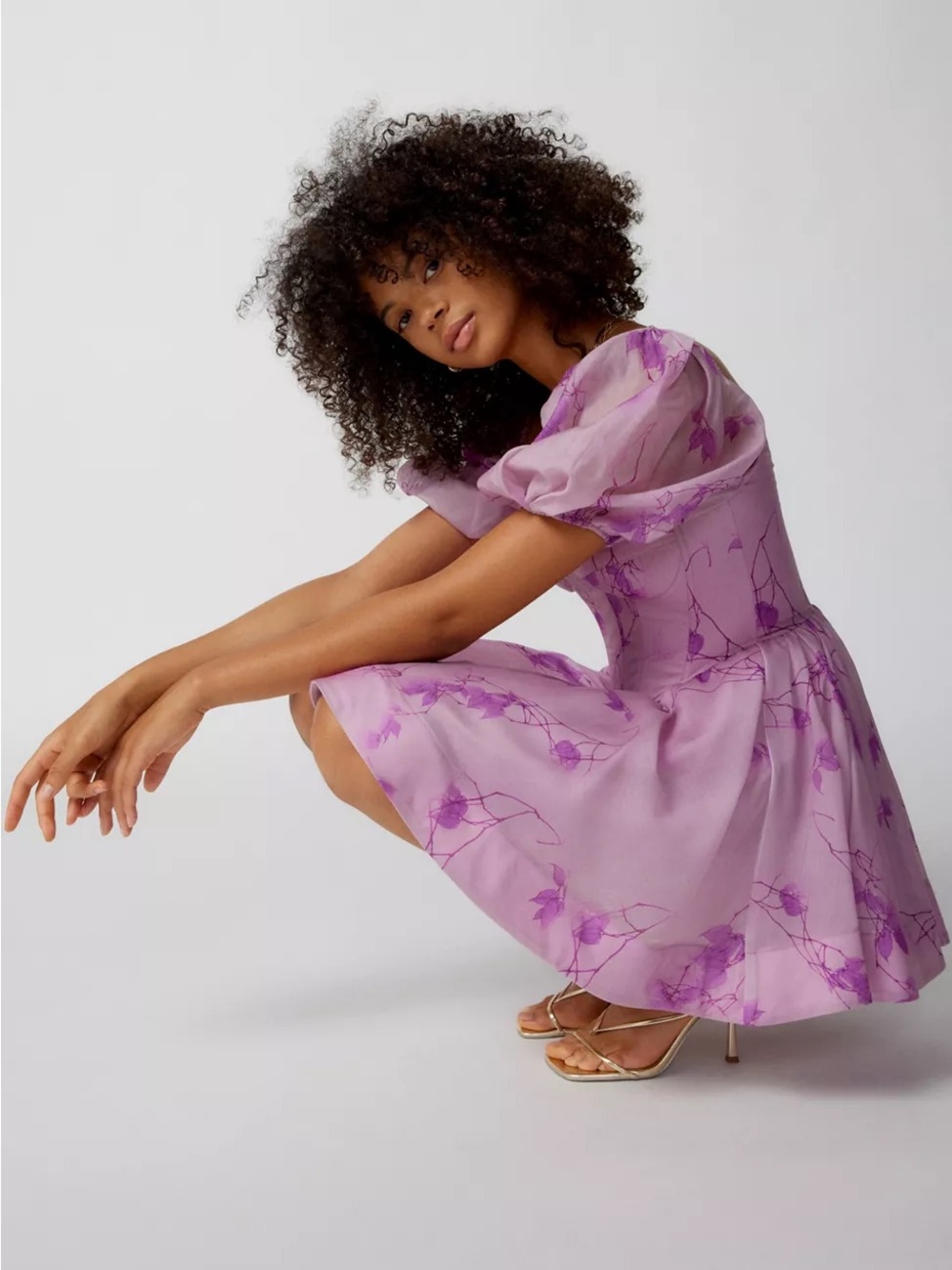 Whimsical Garden Party Fairy Bardot Kiah Corset Mini Dress Purple Floral Puff - Picture 3 of 16